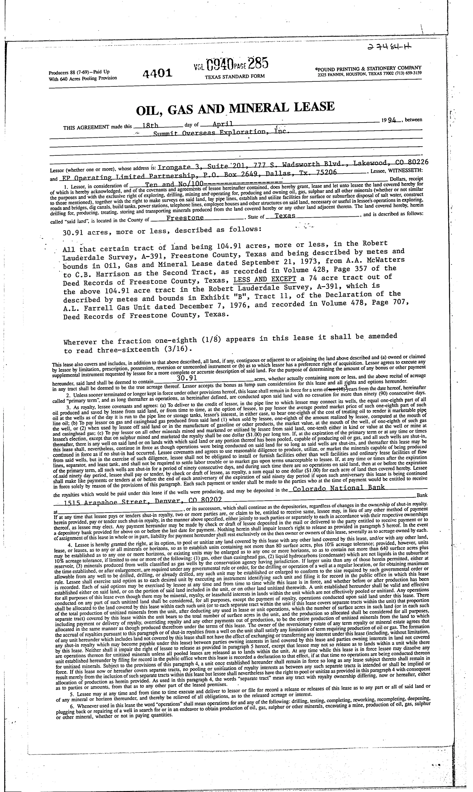 Summit Overseas Exploration Inc. - Recorded Oil & Gas Lease (Vol. 940, Page 285)