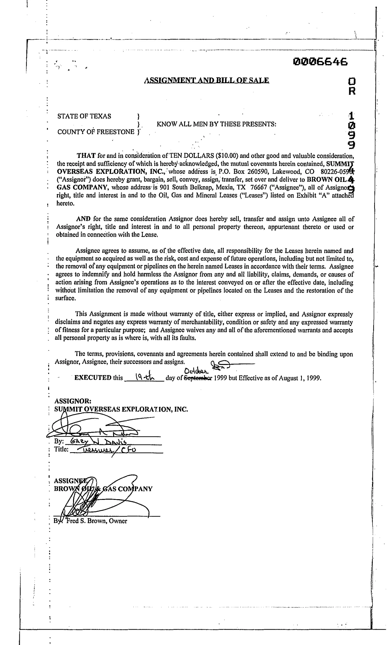 Summit Overseas Exploration Inc. - Recorded Asgmt &Bill Sale (Vol. 1099, Page 449)